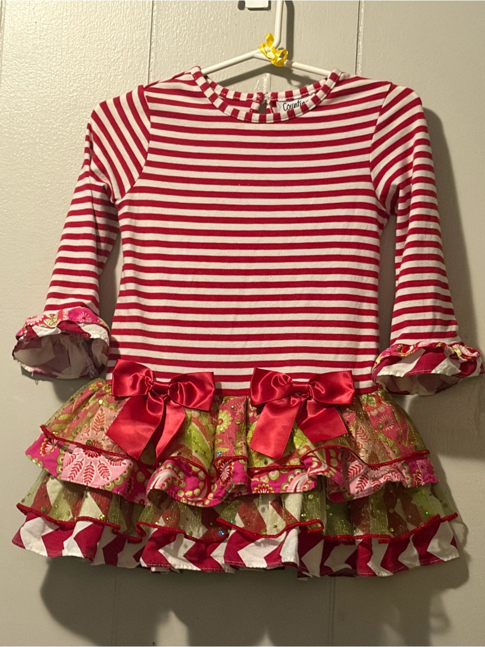 Girls' Red & White Striped  Dress with Ruffled Hem Pink & Green Accents